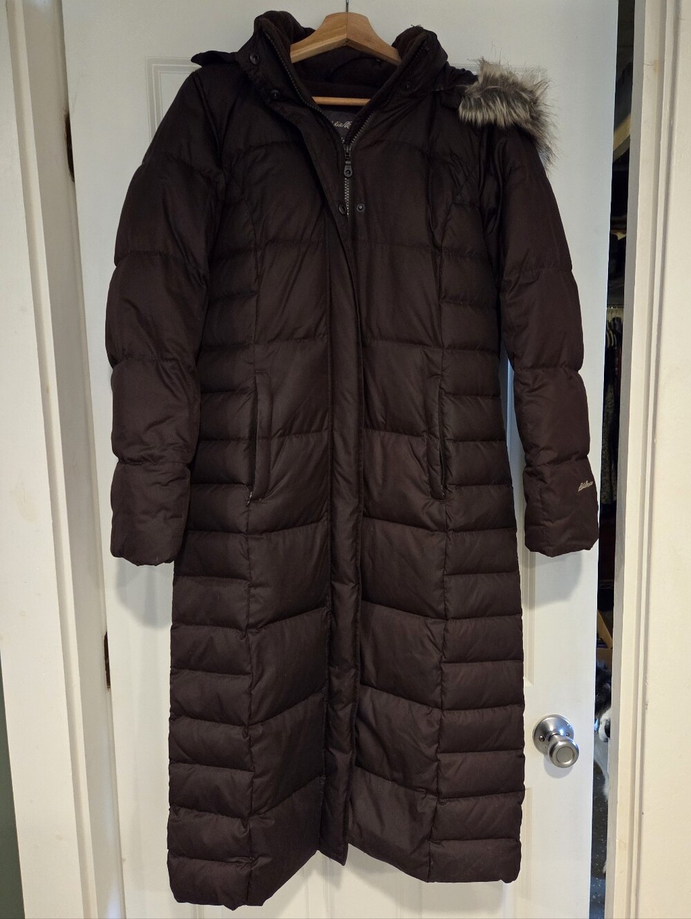 Eddie Bauer Long Brown Quilted Puffer Coat with Faux-Fur Trim Hood
